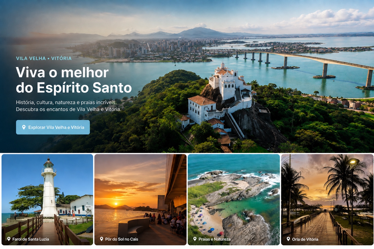 Vista de Vila Velha e Vitória com o Convento da Penha, praias e pontos turísticos